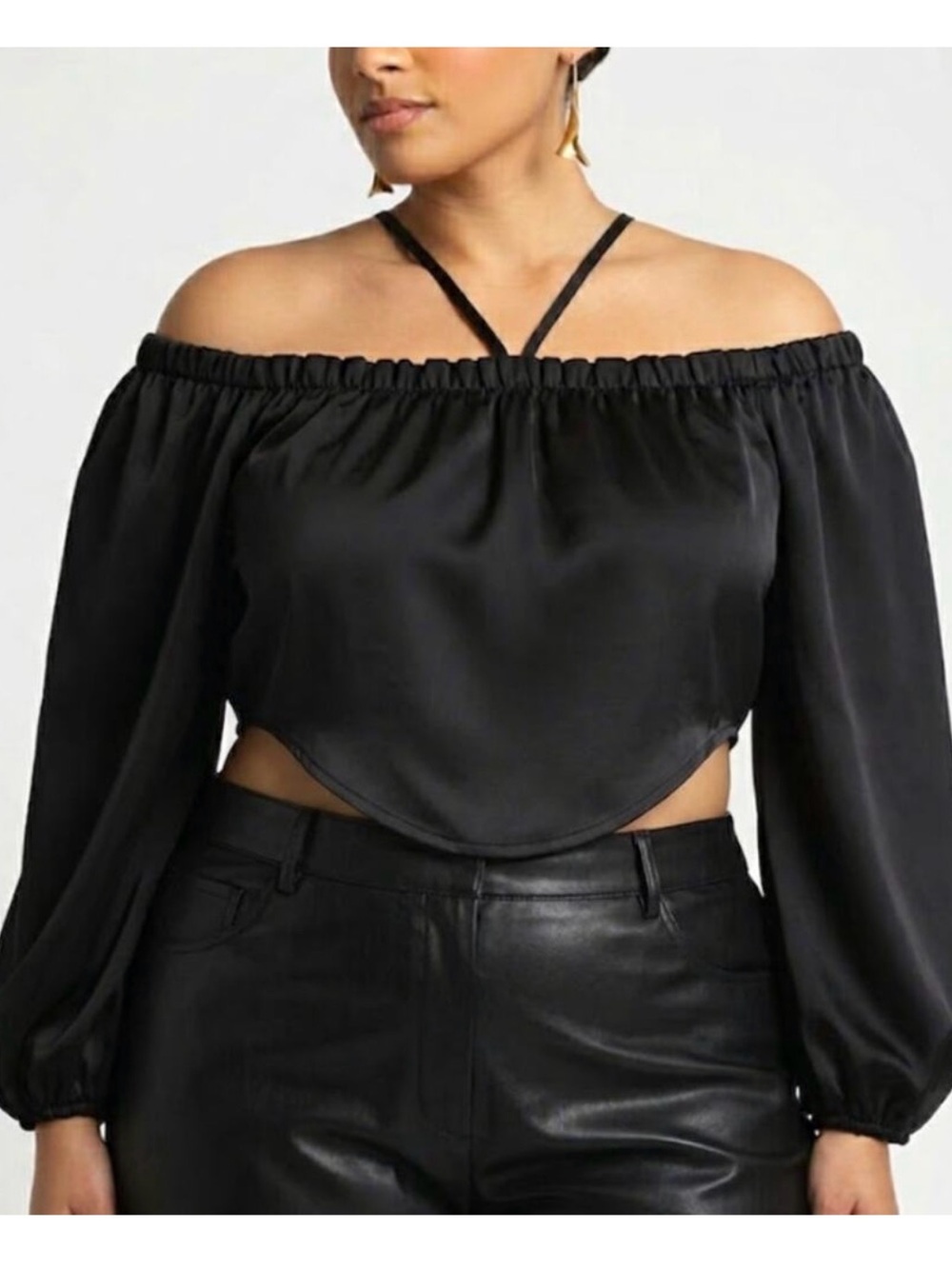 Eloquii Black Satin Off-Shoulder Cropped Top with Strappy Neck Size 28